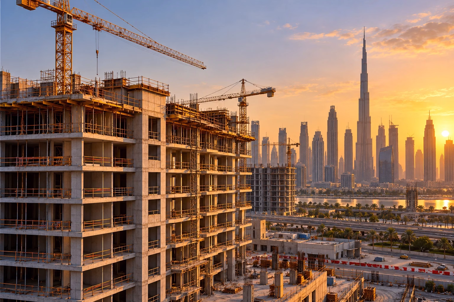 Illustrative Dubai property development under construction with tower cranes at sunset