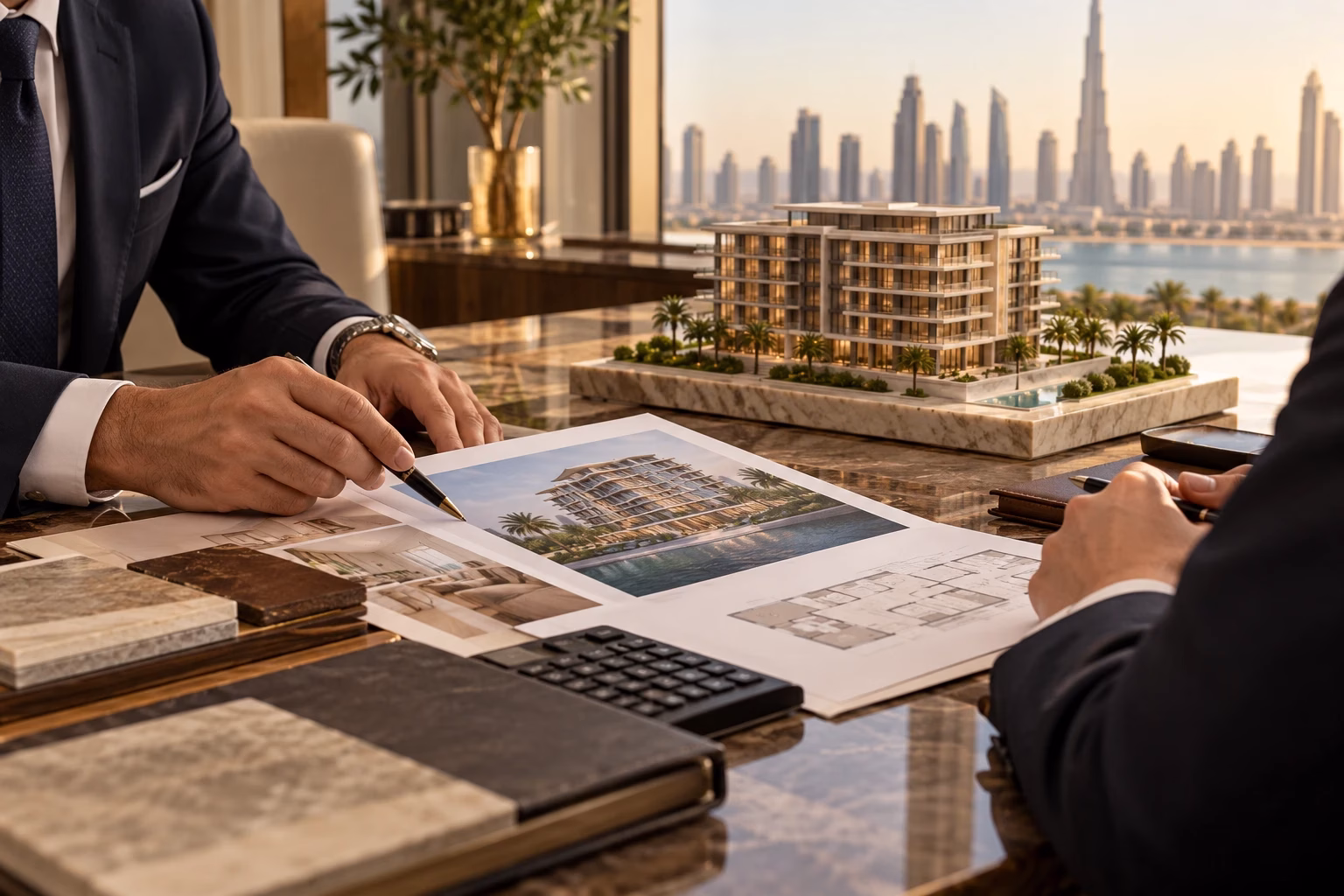 Pool investment in Dubai: property documents and an architectural model reviewed during a meeting