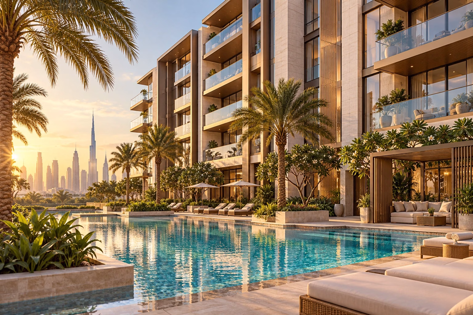 Dubai property investment opportunities: illustrative apartments beside a landscaped swimming pool